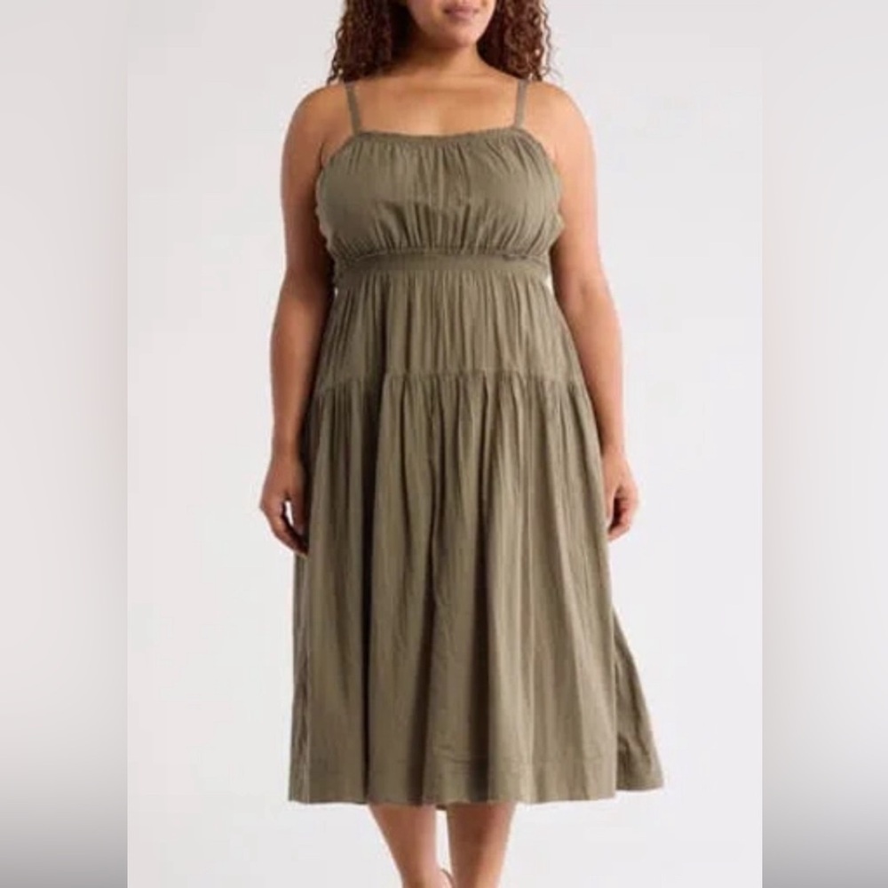 New Melrose and Market Smocked Sleeveless Midi Dress green olive